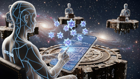 A digital human with glowing blue lines interacts with a holographic network and star shapes...の写真素材