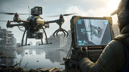 A drone with a robotic claw and camera is operated by a man with a tablet in a flooded, ruined...の写真素材