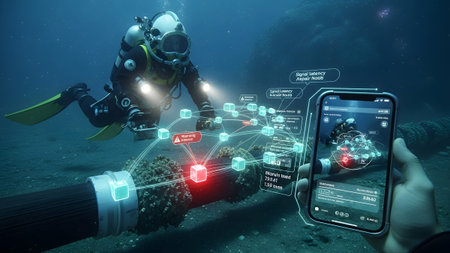 A diver in the ocean uses a smartphone displaying holographic data to monitor an underwater...の写真素材