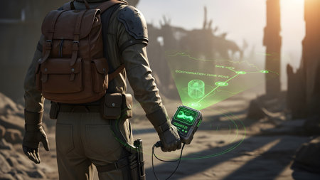 Stock showing close-up of a person holding a geiger counter with a holographic display of a safe...の写真素材