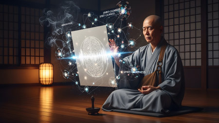 An elderly man meditates in a Japanese room, a holographic projection of a brain and energy...の写真素材
