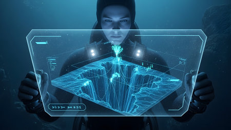 Holds showing deep sea explorer holding transparent screen displaying holographic underwater...の写真素材