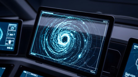 Galaxy showing close-up of a digital screen displaying a swirling blue particle galaxy...の写真素材