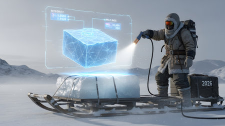 Explorer showing explorer in arctic environment spraying ice block with device while holographic...の写真素材