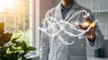 A person in a white lab coat touches a glowing holographic DNA double helix with medical symbols.の写真素材