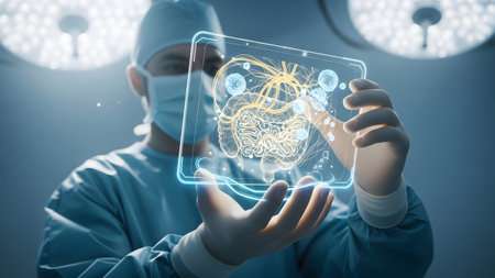 Surgical showing doctor in surgical attire analyzing a glowing holographic projection of the...の写真素材