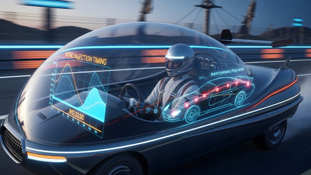 Stock showing driver in futuristic car with holographic showing graphs and car schematics on a...の写真素材