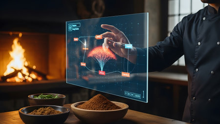 A chef in a dark uniform touches a glowing holographic screen displaying data and charts.の写真素材