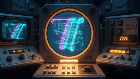 Vintage electronic equipment with glowing pink and blue holographic 3D schematics displayed on...の写真素材