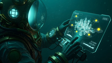 Stock showing close-up of vintage diver in helmet interacting with holographic display showing...の写真素材