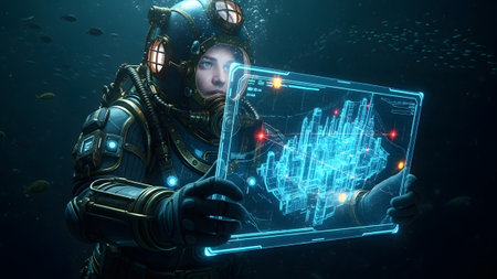 A female diver in a vintage suit holds a glowing blue holographic map of an underwater city.の写真素材