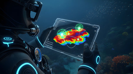 A diver in a high-tech suit holds a tablet displaying a colorful thermal map and data analysis...の写真素材