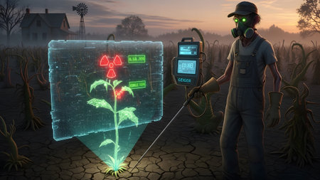 Farmer showing farmer in gas mask checks radiation levels of plant with holographic display in...の写真素材
