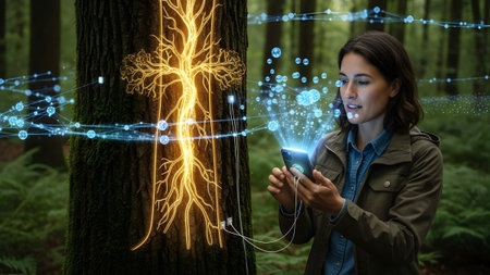 A woman holds a smartphone, interacting with a glowing orange neural network projected from a...の写真素材