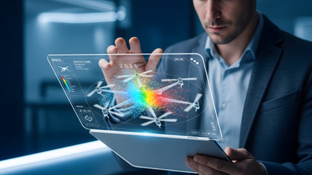 A man in a suit examines a holographic drone model displaying a colorful heat map on a tablet.の写真素材
