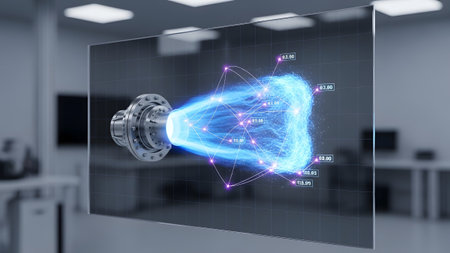 A transparent screen a glowing blue energy flow emanating from a mechanical component....の写真素材