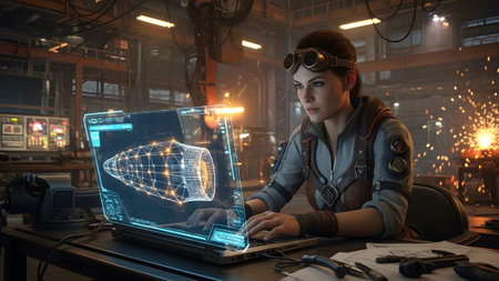 showing female engineer with goggles working on laptop displaying 3d wireframe model in...の写真素材