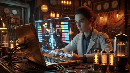 showing female scientist in lab coat analyzing rocket on holographic interface.の写真素材