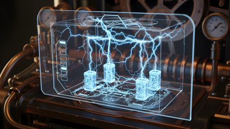 showing futuristic holographic display of electrical components with blue lightning.の写真素材