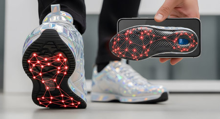 A holographic display of a shoe sole with a red digital network overlays a smartphone screen...の写真素材