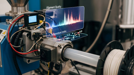 A close-up of an industrial machine a holographic graph showing filament and temperature data.の写真素材