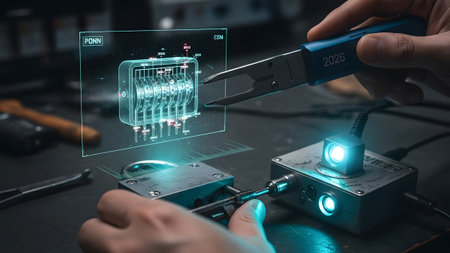 Gadget showing hands using advanced digital tool to analyze mechanism with holographic projection.の写真素材