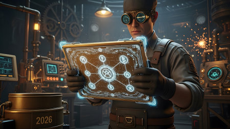 Holding showing man in goggles holding a tablet with a futuristic holographic network diagram....の写真素材