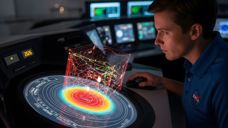 Analysis showing man in space agency shirt using a holographic interface with data visualizations in...の写真素材