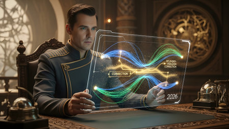 Man showing man in formal uniform examines holographic data streams of blue and green lines on a...の写真素材