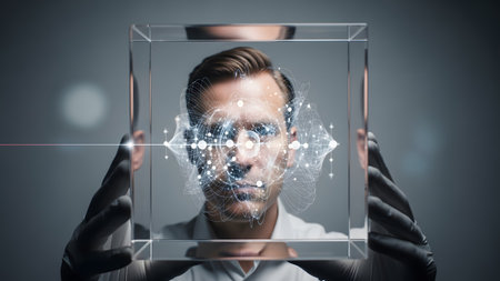 A man holds a crystal cube with a glowing digital face and network data visualization....の写真素材