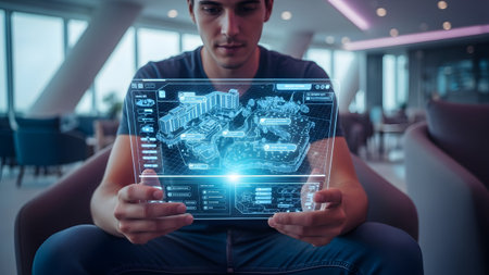 A man holds a transparent holographic screen displaying a detailed building blueprint with...の写真素材