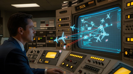 A man in a suit focuses on a large screen displaying holographic airplanes and flight path data.の写真素材