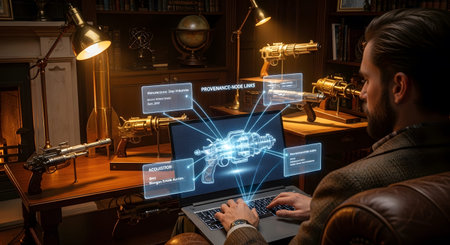 Reviewing showing man reviewing steampunk gun schematics on laptop in a vintage library.の写真素材