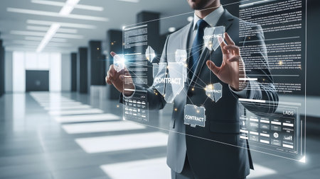 Suit showing man in a suit interacting with a futuristic holographic interface displaying...の写真素材