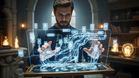 A man with a beard in a dark jacket interacts with a glowing blue holographic interface...の写真素材