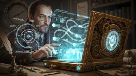 A man with a monocle points at a glowing blue holographic interface projected from a ornate...の写真素材