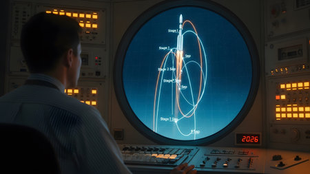 Stock showing man observing rocket launch trajectory on a vintage circular screen with glowing...の写真素材