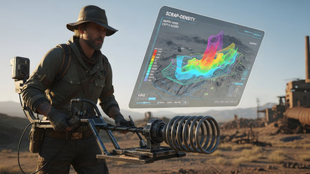 Prospecting showing man with metal detector and holographic display in a junkyard setting...の写真素材