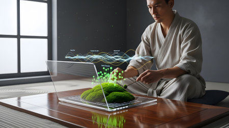 Stylus showing man in traditional japanese attire using a stylus on a holographic laptop with...の写真素材