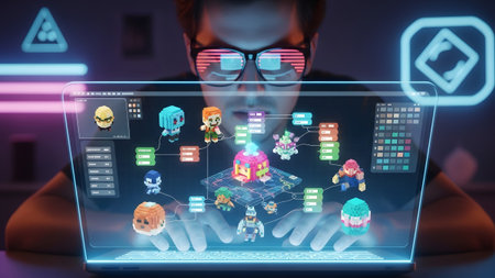 A man wearing neon-framed glasses works on a holographic laptop displaying pixelated characters...の写真素材