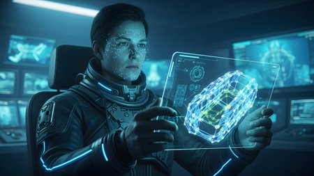 showing person in futuristic suit with face scan and holographic car model 2026.の写真素材