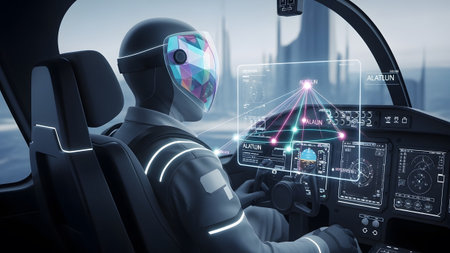 Stock showing pilot in futuristic aircraft cockpit interacts with holographic display showing...の写真素材