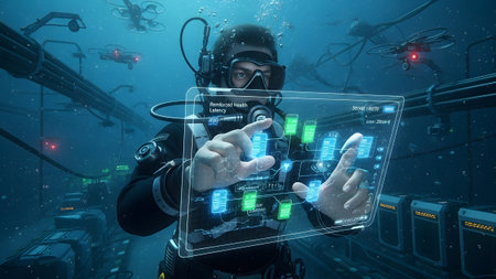 A scuba diver in a black suit touches a glowing blue and green holographic display showing...の写真素材