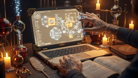 Diagrams showing steampunk alchemist using futuristic laptop with glowing molecular diagrams and...の写真素材