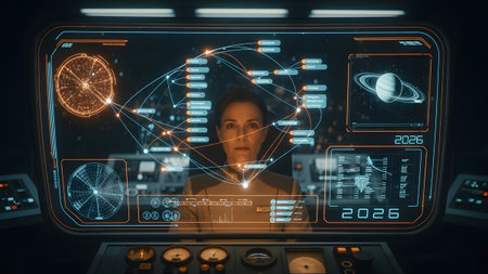 Futuristic showing woman in uniform at a futuristic control panel with holographic showing...の写真素材
