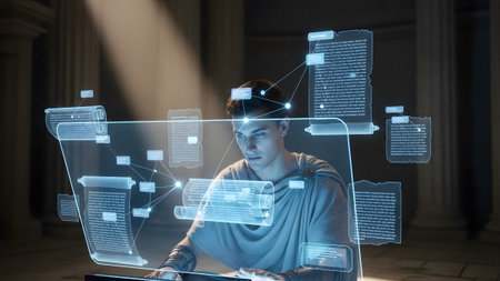 A man in a simple tunic engages with a bright blue holographic display featuring text-filled...の写真素材