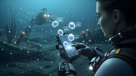 Projections showing scuba diver using a smartphone with holographic data projections in a deep...の写真素材