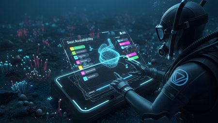 (3167) showing scuba diver using underwater holographic interface to check seat availability for...の写真素材