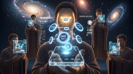 Figures in robes stand against a galaxy backdrop, holding devices displaying glowing stars...の写真素材