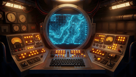 Underwater showing submarine control room with glowing radar screen displaying underwater...の写真素材